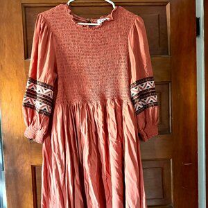 Polagram orange midi dress w/ embroidered sleeves & pockets, women's size large
